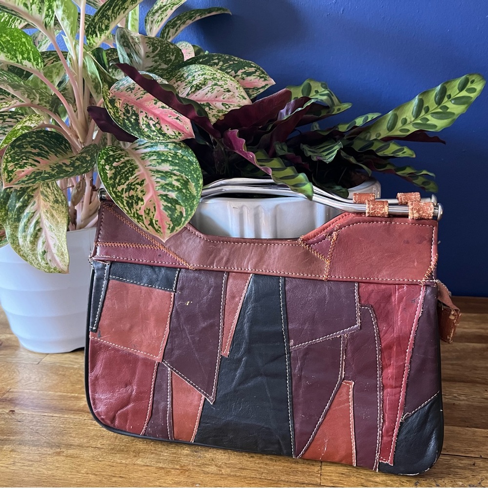 Vintage Leather Patchwork Purse, Silver Metal Han… - image 2